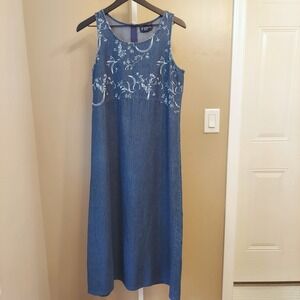 Vtg Denim Maxi Overall Dress Denim Jumper Medium Empire Waist Cottagecore Mature